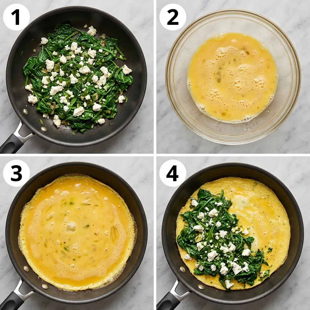 Greek Spinach Feta Omelet: The Ultimate Recipe for a Perfect Bite 2 A 4-panel image showing the steps to make a Greek spinach feta omelet.