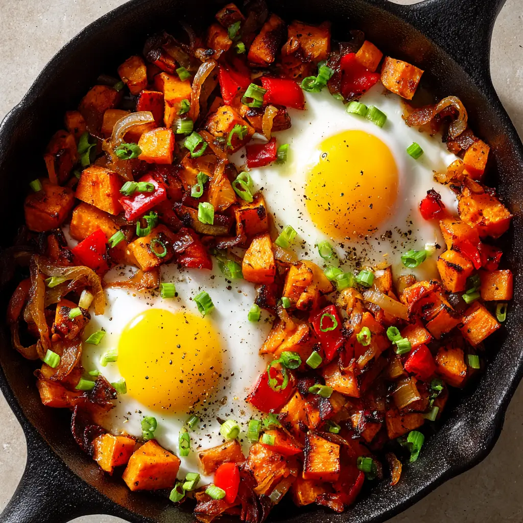 A spoonful of healthy sweet potato hash being lifted from a dark skillet, with bell peppers and fresh herbs mixed in.