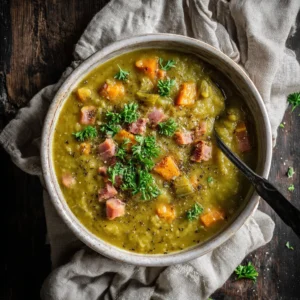Split Pea Soup Recipe (The Coziest, Most Flavorful Bowl) 3 An overhead shot of a rich, green split pea soup simmering in a Dutch oven, surrounded by fresh ingredients like carrots, celery, and onions.