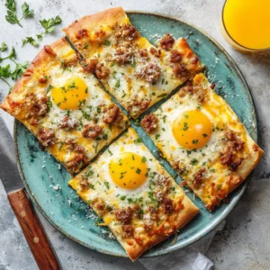 Breakfast Pizza (The Ultimate Easy Recipe) 4 A top-down shot of a homemade breakfast pizza, fresh out of the oven and ready to be sliced.
