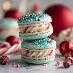 A stack of two homemade Christmas Tree Macarons, showing the delicate texture of the almond flour shells and the creamy filling.