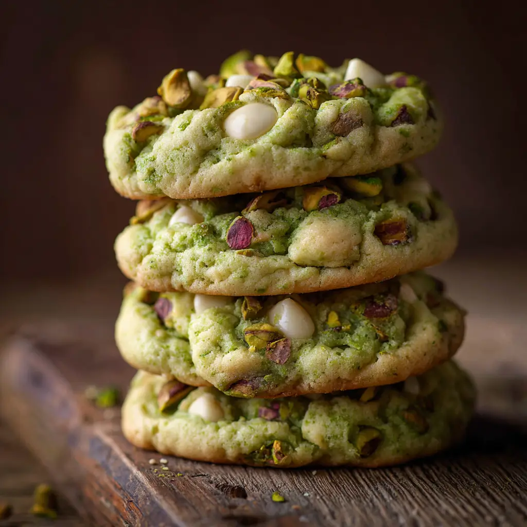 A tempting stack of pistachio pudding cookies on a cooling rack, with a glass of milk in the background, illustrating a perfect homemade snack.