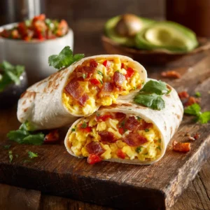 Freezer Breakfast Burritos (The Ultimate Meal-Prep Recipe) 3 Two freshly made breakfast burritos, one sliced open to reveal the perfectly layered filling of scrambled eggs, sausage, and melted cheese, ready for freezing.