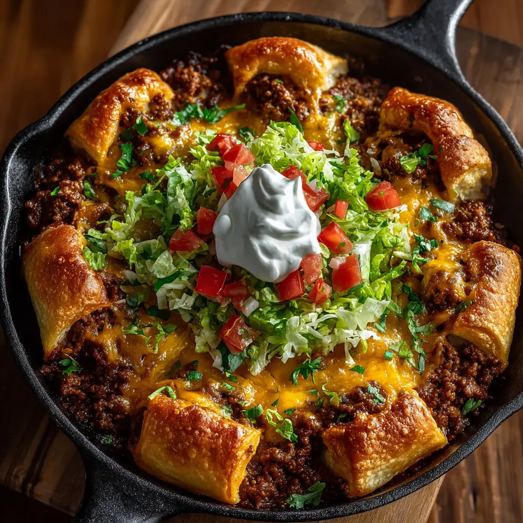 A step-by-step image showing the taco meat and cheese being layered onto the pre-baked crescent roll crust in a baking dish.