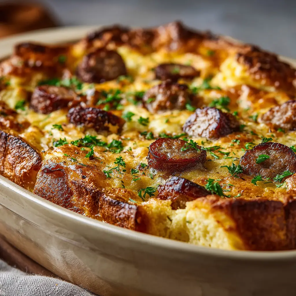 Pancake Sausage Casserole (The Easiest Brunch Bake!) 1 The pancake batter being poured over the layer of browned sausage in a 9x13 baking dish before going into the oven.