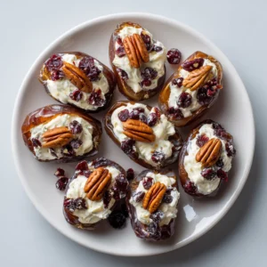 Cranberry Pecan Stuffed Dates: The Perfect Holiday Appetizer 4 A close-up view of the ingredients for stuffed dates: Medjool dates, pecans, cranberries, and cream cheese.