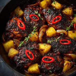 Jamaican Pineapple Jerk Chicken: A Perfect Sweet & Spicy Recipe 3 A close-up shot of a piece of Jamaican Pineapple Jerk Chicken, showing the crispy, seasoned skin and juicy meat.
