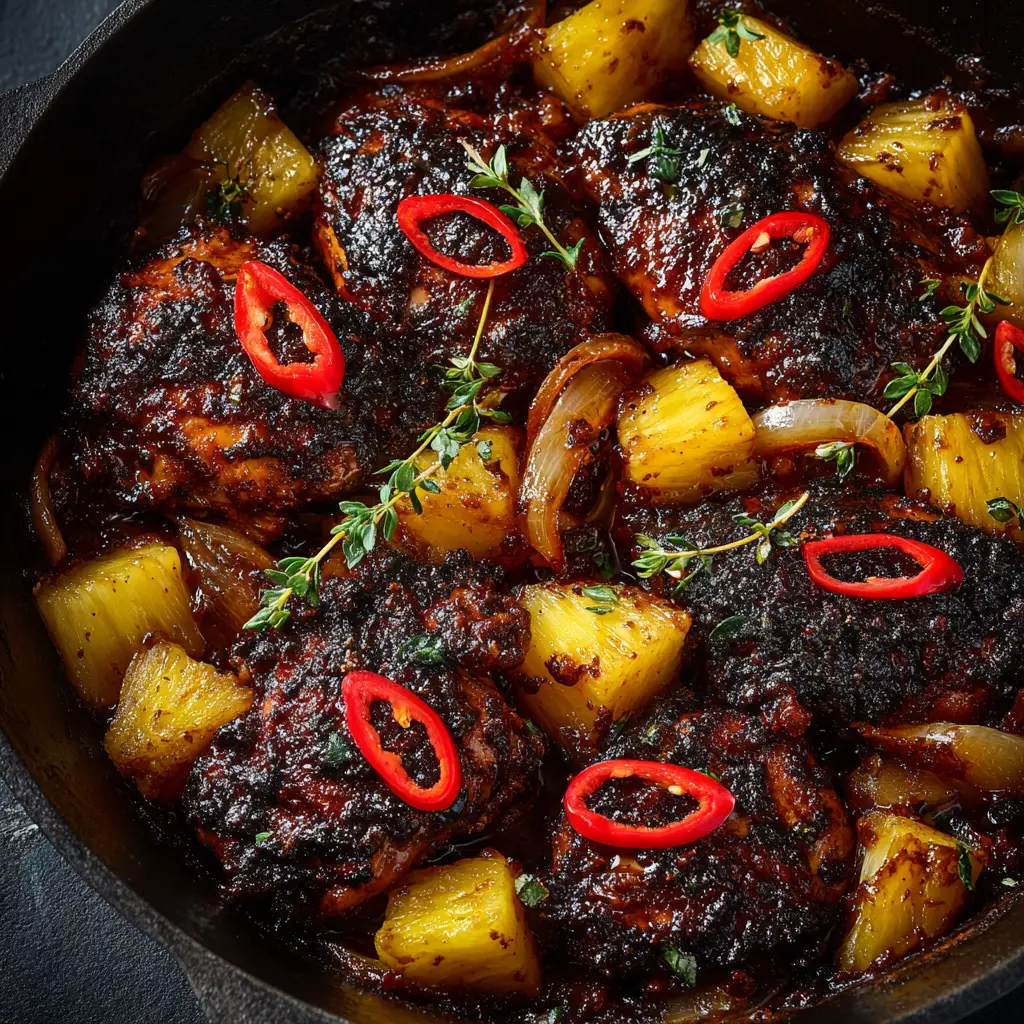 Jamaican Pineapple Jerk Chicken: A Perfect Sweet & Spicy Recipe 1 A piece of grilled Jamaican jerk chicken being sliced to reveal a juicy interior, with grilled pineapple in the background.