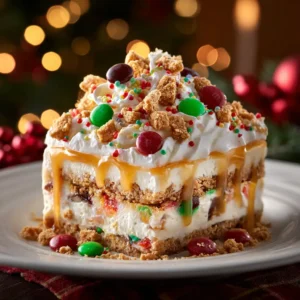 Christmas Dessert Lasagna: The Ultimate No-Bake Holiday Treat 4 A close-up view of a slice of layered Christmas dessert, highlighting the creamy textures and festive green color.