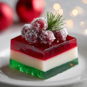 Layered Christmas Jello: The Perfect Festive Recipe 3 A close-up shot of a perfect cube of layered Christmas Jello, showing the distinct and vibrant red, white, and green gelatin layers on a white plate.