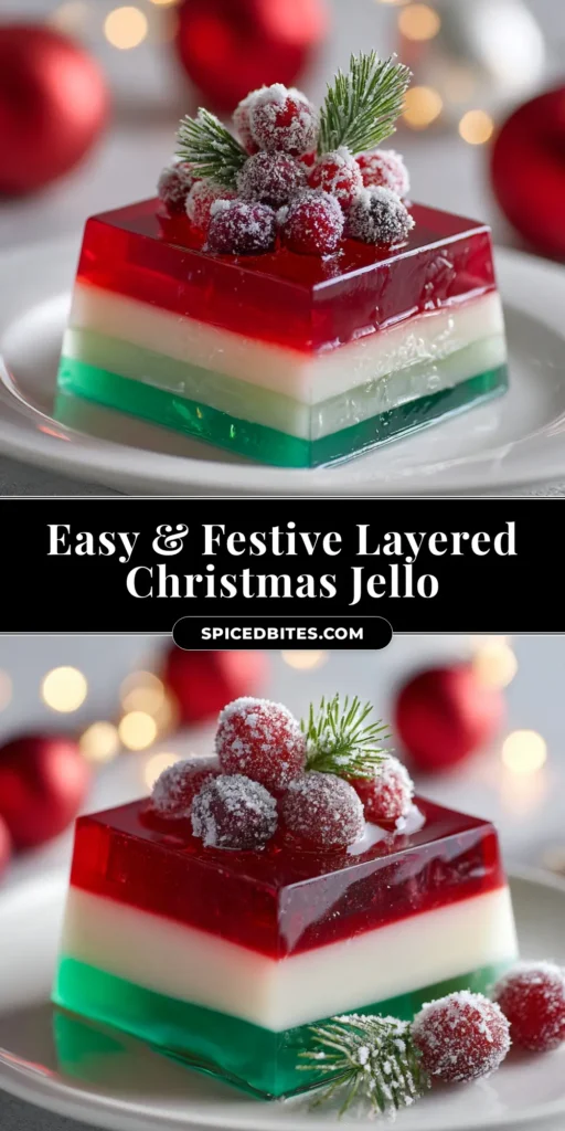 Layered Christmas Jello: The Perfect Festive Recipe 4 A visually stunning pin showing a slice of Layered Christmas Jello with perfect red, white, and green stripes. The text overlay reads 'Easy Layered Christmas Jello Recipe'.