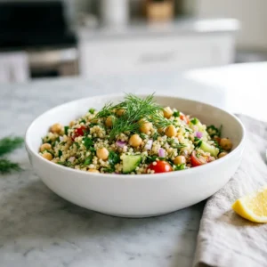 Lemon Herb Quinoa Chickpea Salad (Bright, Fresh & Easy!) 2 A close-up shot of a serving of lemon herb quinoa chickpea salad in a white bowl, garnished with fresh dill.