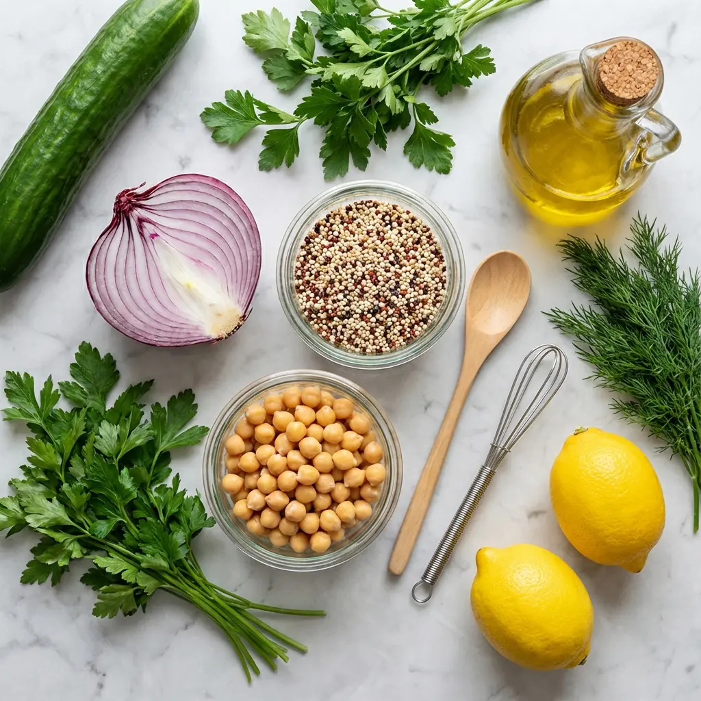 Lemon Herb Quinoa Chickpea Salad (Bright, Fresh & Easy!) 1 Overhead view of the ingredients for lemon herb quinoa chickpea salad, including quinoa, chickpeas, cucumber, lemon, and herbs.
