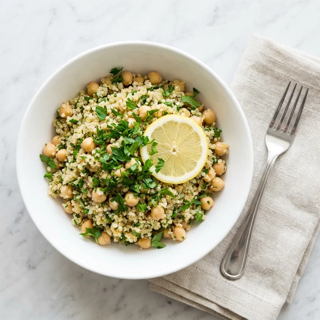 Lemon Herb Quinoa Chickpea Salad (Bright, Fresh & Easy!) 4 An overhead flat lay shot of the finished lemon herb quinoa chickpea salad in a white bowl on a marble surface.