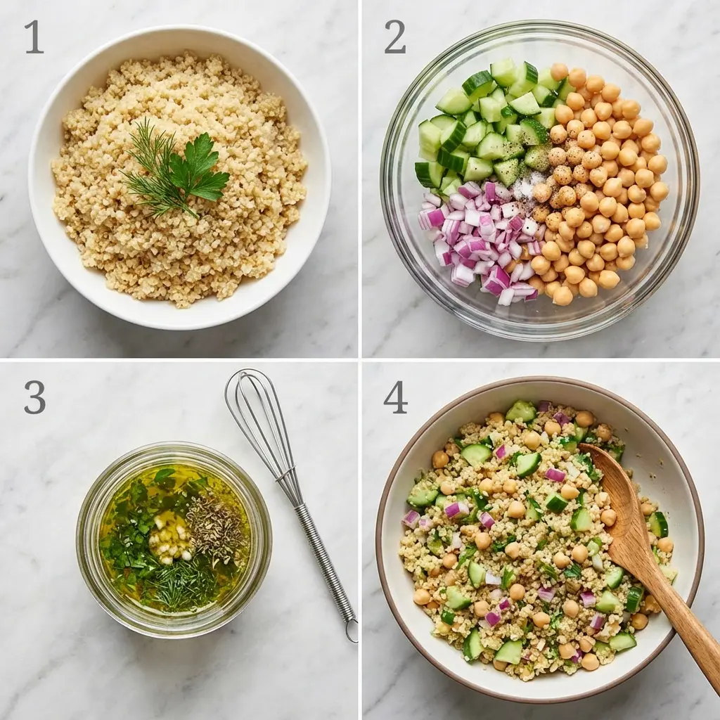 Lemon Herb Quinoa Chickpea Salad (Bright, Fresh & Easy!) 3 A 4-panel image showing the steps: cooking quinoa, chopping veggies, making the dressing, and combining the salad.