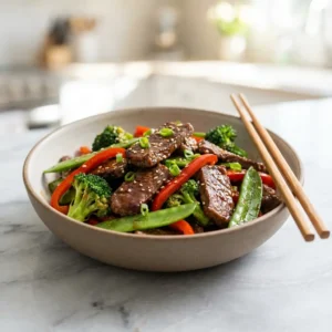 Low Carb Beef Vegetable Stir Fry (Ready in 25 Minutes!) 4 A close-up shot of a bowl of low carb beef vegetable stir fry, with tender beef and crisp vegetables.