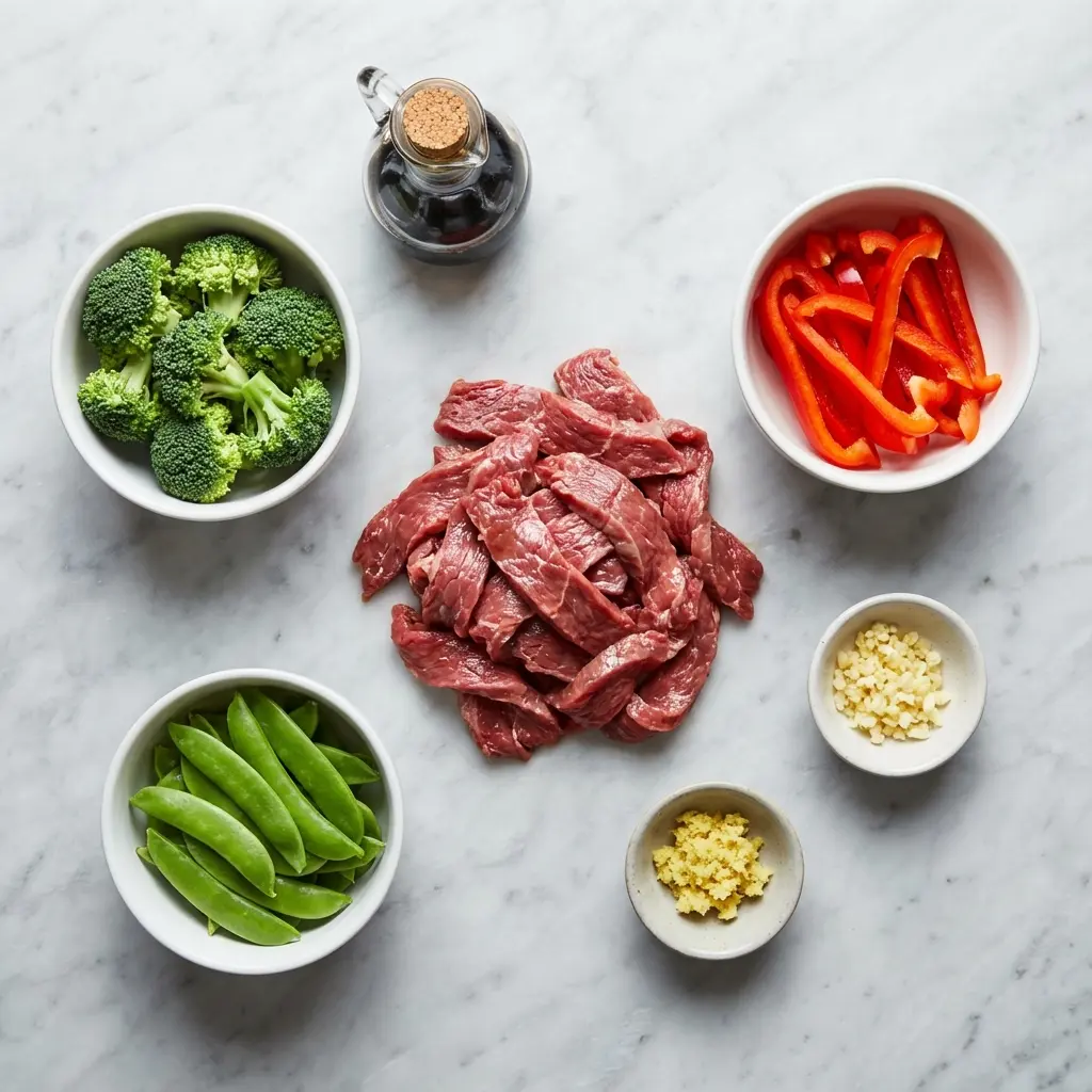 Low Carb Beef Vegetable Stir Fry (Ready in 25 Minutes!) 1 Ingredients for low carb beef vegetable stir fry, including sliced beef, broccoli, bell peppers, and sauce components.