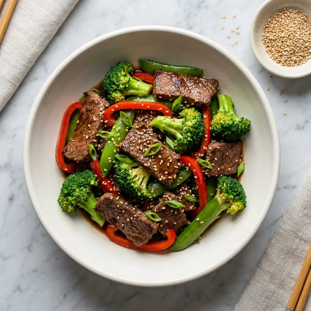 Low Carb Beef Vegetable Stir Fry (Ready in 25 Minutes!) 3 An overhead shot of a finished bowl of low carb beef and vegetable stir fry on a marble background.