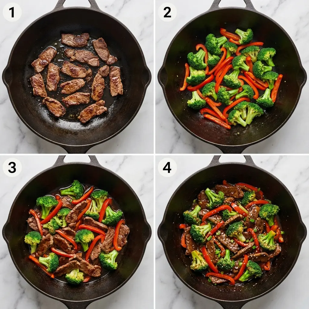 Low Carb Beef Vegetable Stir Fry (Ready in 25 Minutes!) 2 A 4-panel image showing the steps to make low carb beef stir fry: searing beef, sautéing vegetables, adding sauce, and the final dish.