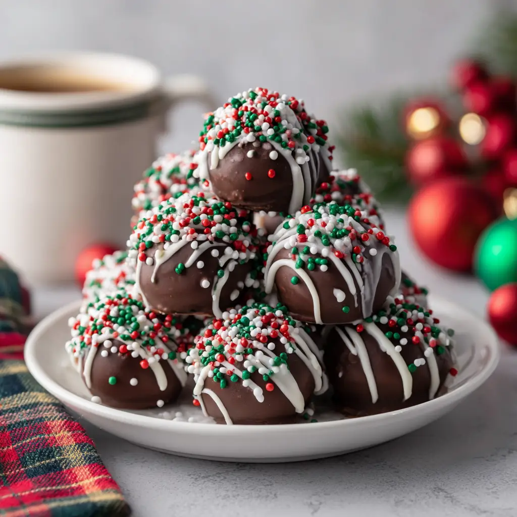Christmas Oreo Balls (Easy No-Bake Recipe!) 1 The process of dipping Oreo cream cheese balls into melted white chocolate before adding holiday sprinkles.