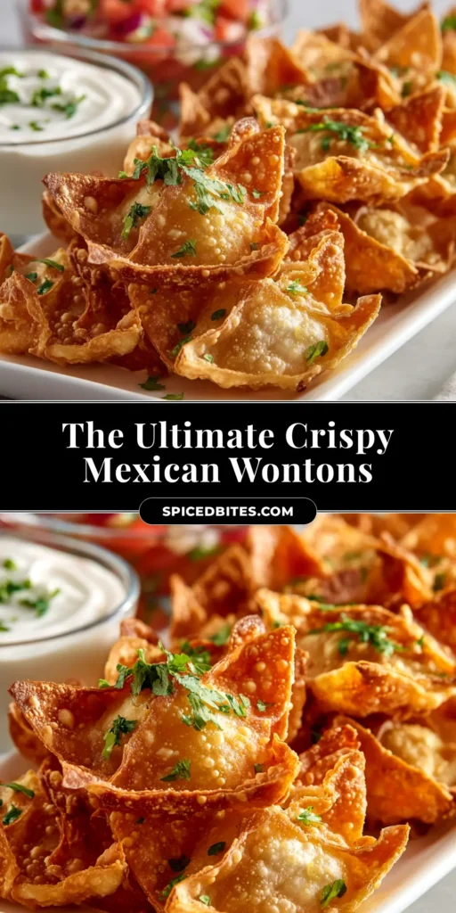 A shareable pin image of crispy Mexican wontons with a text overlay for 'Easy Mexican Wontons Recipe'.