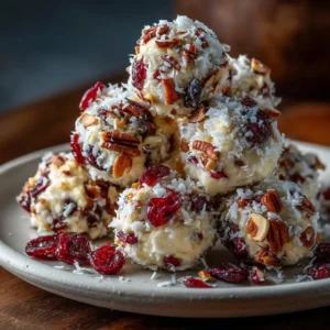 Pineapple Cranberry Cheese Balls (The Perfect Holiday Appetizer) 4 A collection of mini pineapple cranberry cheese balls on a serving plate, ready for a party.