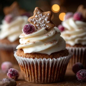 An extreme close-up of a single gingerbread cupcake, showcasing the moist, dark crumb and the thick, creamy texture of the spiced cream cheese frosting.