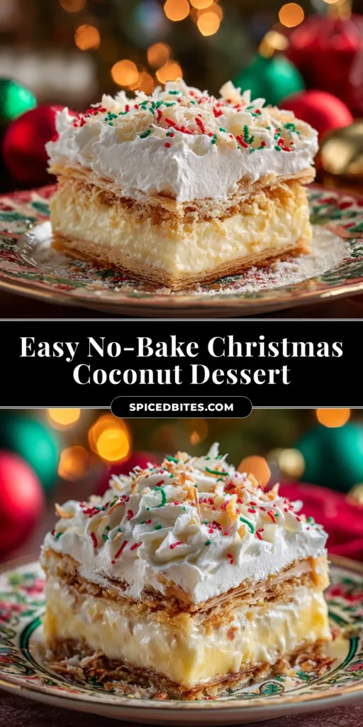 No-Bake Christmas Coconut Lasagna: The Easiest Holiday Dessert 3 A top-down view of the full No-Bake Christmas Coconut Lasagna in a baking dish, decorated with festive sprinkles and toasted coconut. The title reads 'No-Bake Christmas Coconut Lasagna'.
