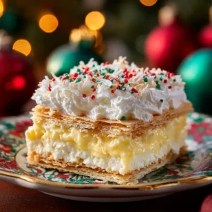 No-Bake Christmas Coconut Lasagna: The Easiest Holiday Dessert 4 A perfect square slice of no-bake coconut cream dessert lasagna on a white plate, showing the distinct layers of graham cracker crust, cream cheese, and pudding.