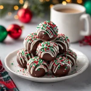 Christmas Oreo Balls (Easy No-Bake Recipe!) 3 A close-up shot of no-bake Oreo truffles coated in white chocolate and festive sprinkles on a serving platter.