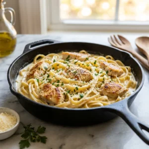One Pot Creamy Garlic Chicken Pasta (Ready in 30 Minutes!) 4 A skillet of one pot creamy garlic chicken pasta, garnished with fresh parsley.
