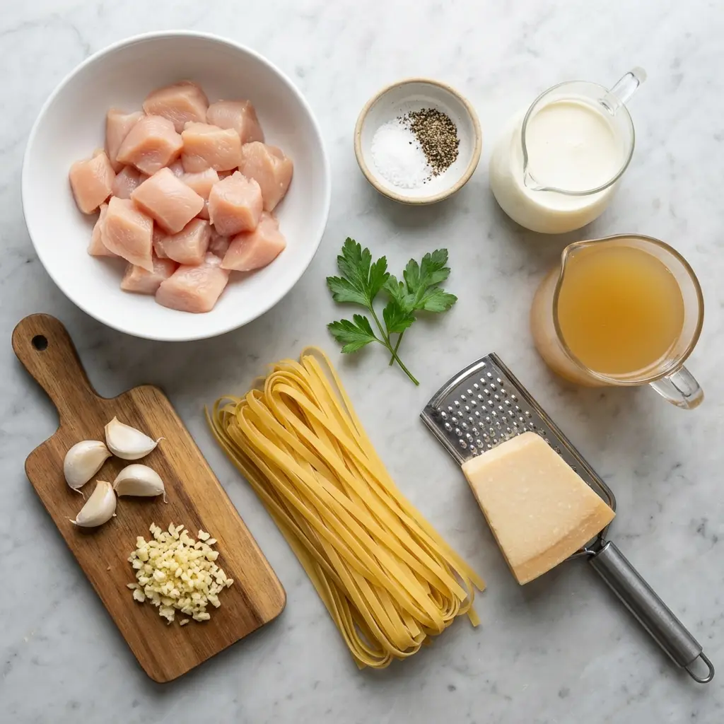 One Pot Creamy Garlic Chicken Pasta (Ready in 30 Minutes!) 1 Ingredients for one pot creamy garlic chicken pasta laid out on a marble surface.