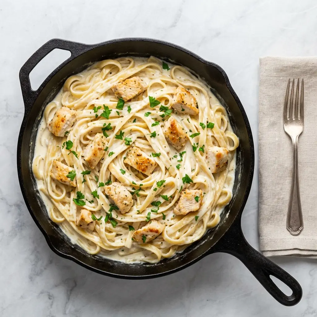 One Pot Creamy Garlic Chicken Pasta (Ready in 30 Minutes!) 3 An overhead view of the completed one pot creamy garlic chicken pasta in a skillet.