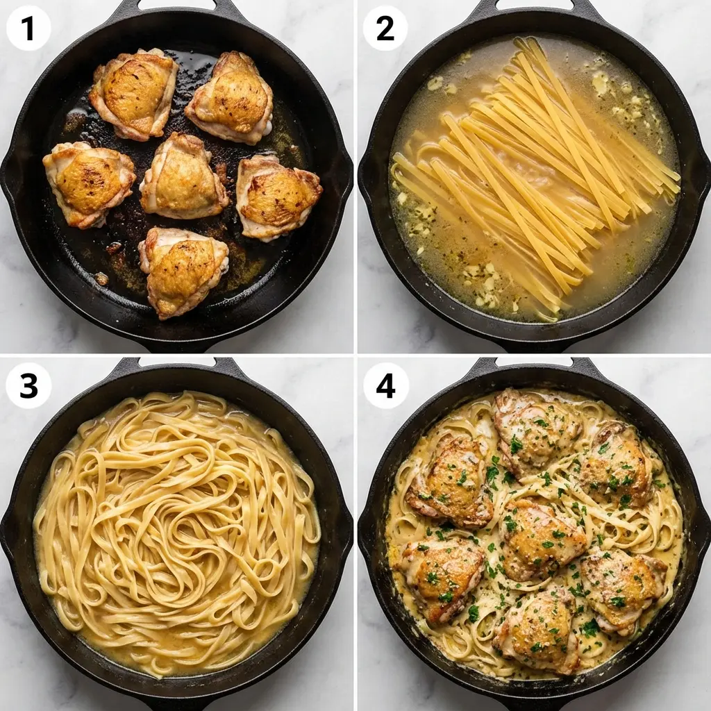 One Pot Creamy Garlic Chicken Pasta (Ready in 30 Minutes!) 2 A 4-step collage showing how to make one pot creamy garlic chicken pasta.