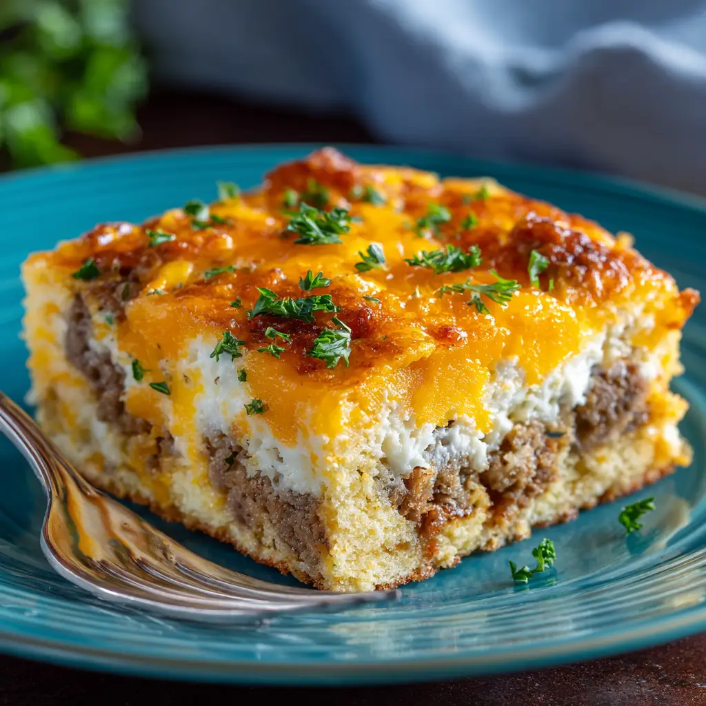 Breakfast Casserole (Easy & Crowd-Pleasing) 1 A beautiful serving of overnight breakfast casserole on a plate, garnished with fresh parsley. The perfect make-ahead brunch dish.