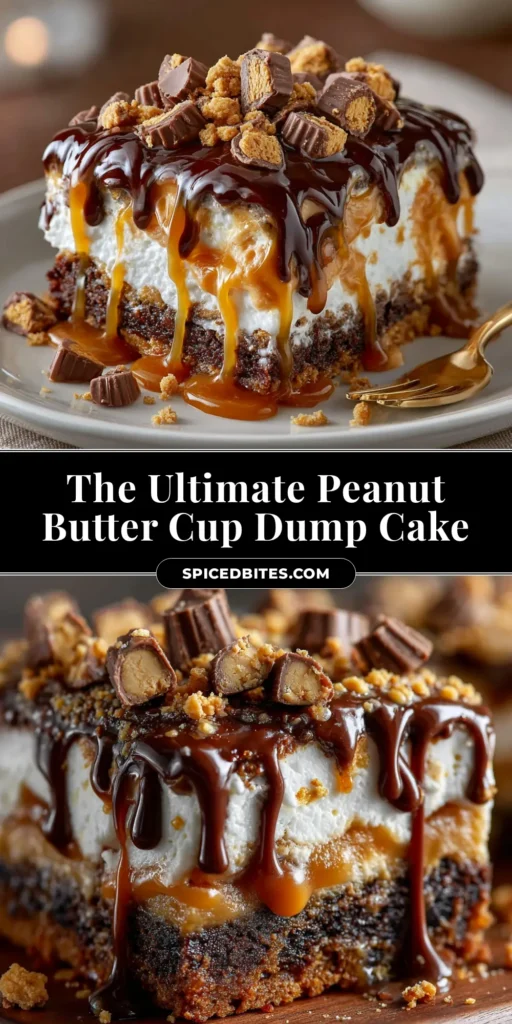 A delicious slice of Peanut Butter Cup Dump Cake on a white plate, showcasing the rich chocolate cake and gooey peanut butter cup layers. The perfect easy dessert recipe.