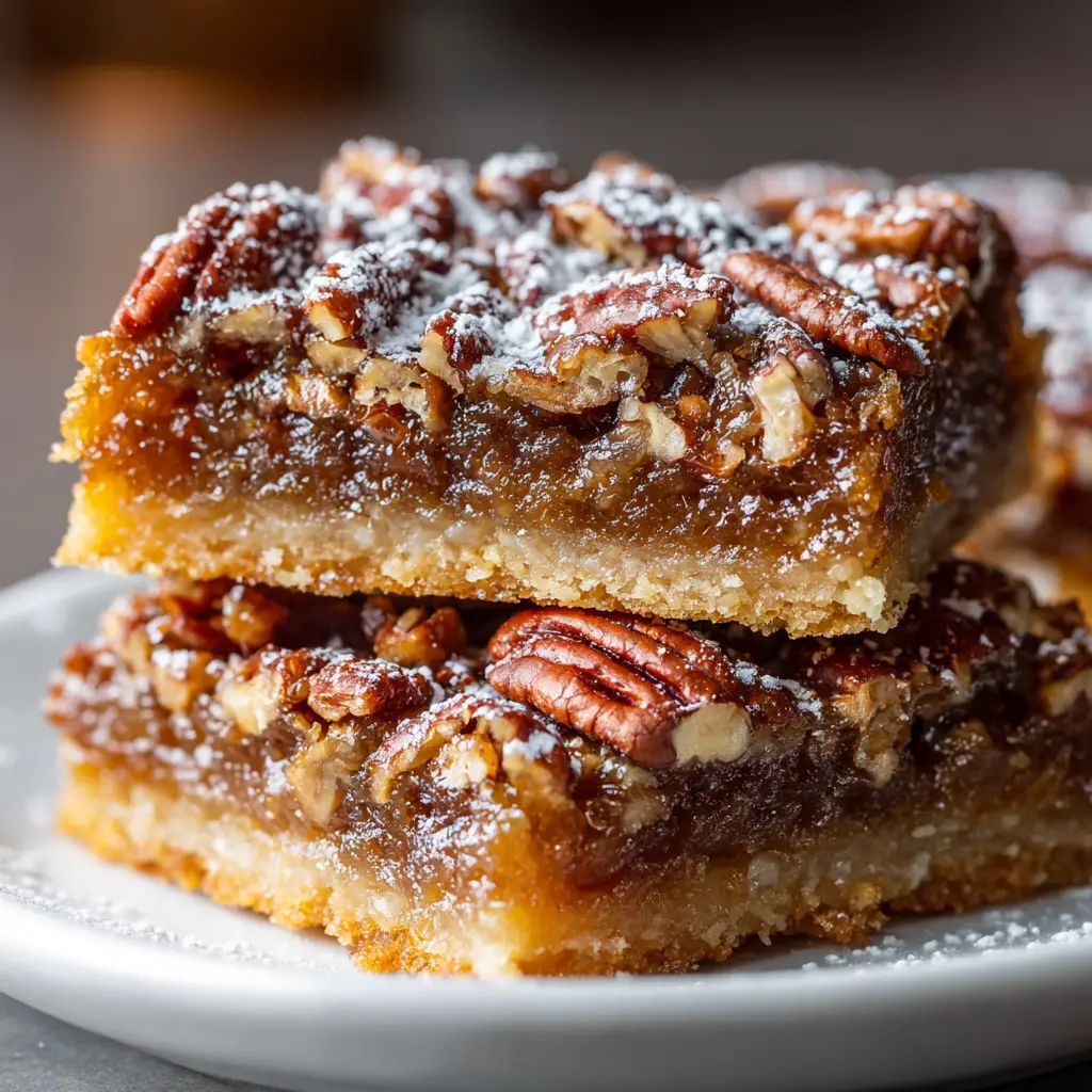 Pecan Pie Bars: The Ultimate Guide to a Gooey, Foolproof Treat 1 Two pecan pie squares stacked, showing the thick shortbread crust and generous pecan topping.