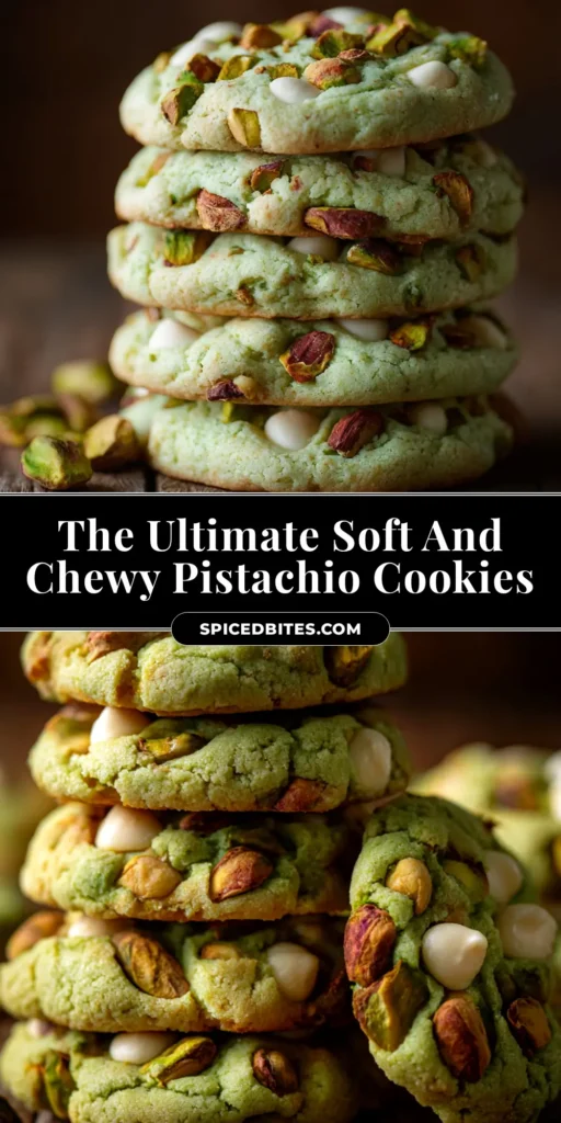 A beautiful stack of soft and chewy pistachio pudding cookies, with one broken in half to show the perfect texture. The cookies have a lovely green tint and are studded with white chocolate chips.