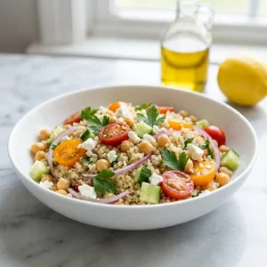 A quinoa chickpea salad bowl recipe in a white bowl, topped with fresh parsley and feta cheese, with a lemon-herb vinaigrette.