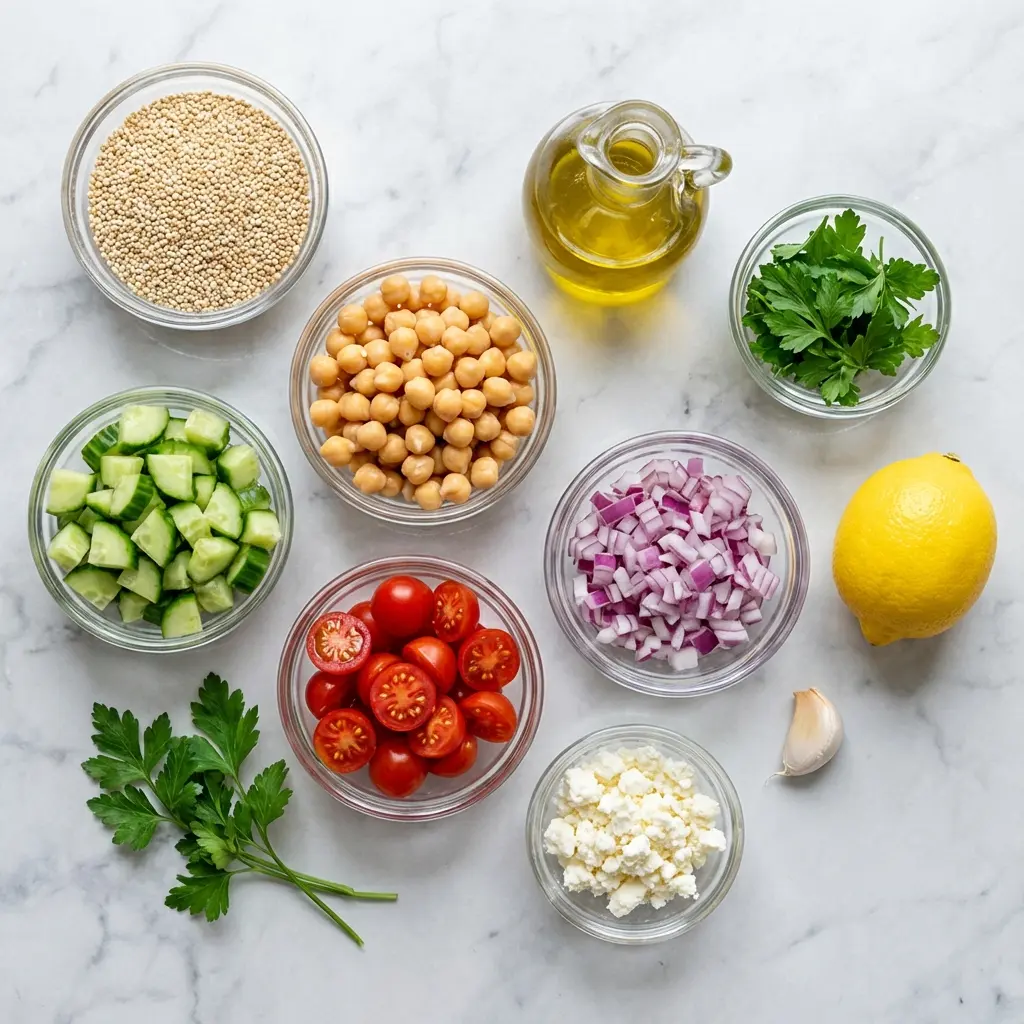 Ingredients for the quinoa chickpea salad bowl recipe laid out on a marble surface, including quinoa, chickpeas, and fresh vegetables.