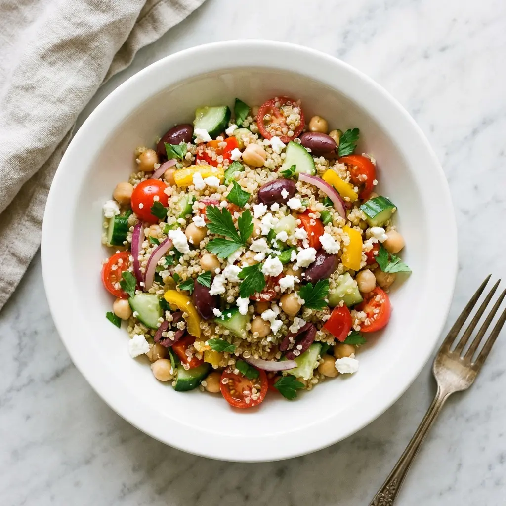 An overhead view of the finished quinoa chickpea salad bowl recipe, showing the vibrant colors of the vegetables and herbs.