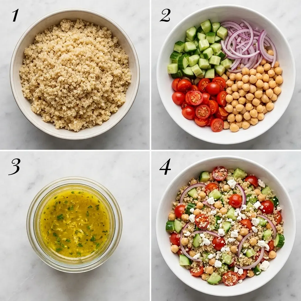 A four-panel image showing the steps to make the quinoa chickpea salad bowl recipe: cooking quinoa, chopping vegetables, making dressing, and combining.