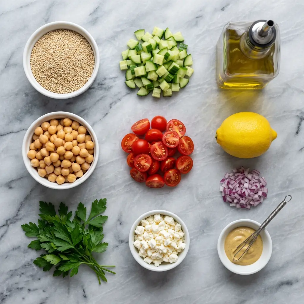 Quinoa Chickpea Salad Meal Prep Bowls: Your Perfect Lunch 1 An overhead shot of the ingredients for quinoa chickpea salad, including quinoa, chickpeas, cucumber, tomatoes, and feta.
