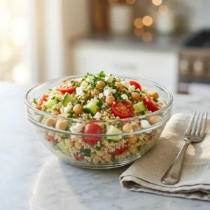 Quinoa Chickpea Salad Meal Prep Bowls: Your Perfect Lunch 4 A close-up of a quinoa chickpea salad meal prep bowl filled with fresh vegetables, feta, and a lemon vinaigrette.