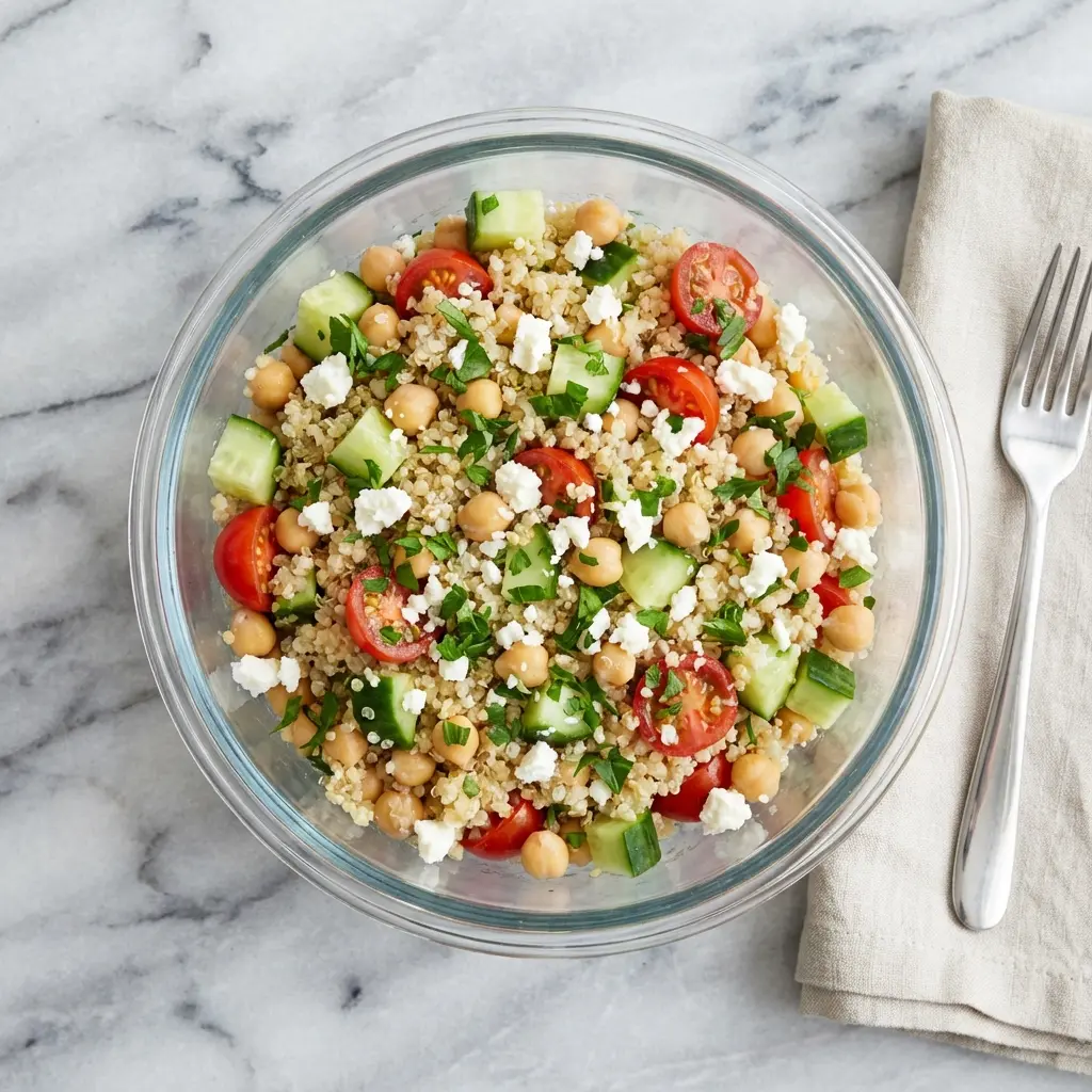 Quinoa Chickpea Salad Meal Prep Bowls: Your Perfect Lunch 3 An overhead flat lay image of a finished quinoa chickpea salad bowl, showcasing its colorful ingredients from above.