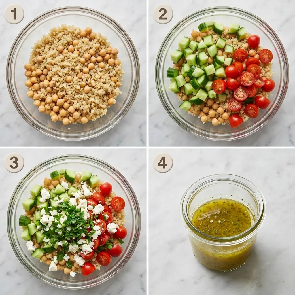 Quinoa Chickpea Salad Meal Prep Bowls: Your Perfect Lunch 2 A four-panel image showing the steps to assemble quinoa chickpea salad: combining quinoa, adding vegetables, adding feta, and preparing the dressing.