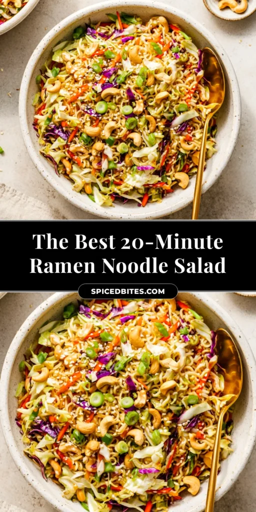 An overhead shot of a vibrant and crunchy ramen noodle salad in a large white bowl, ready to be served. The perfect potluck dish.