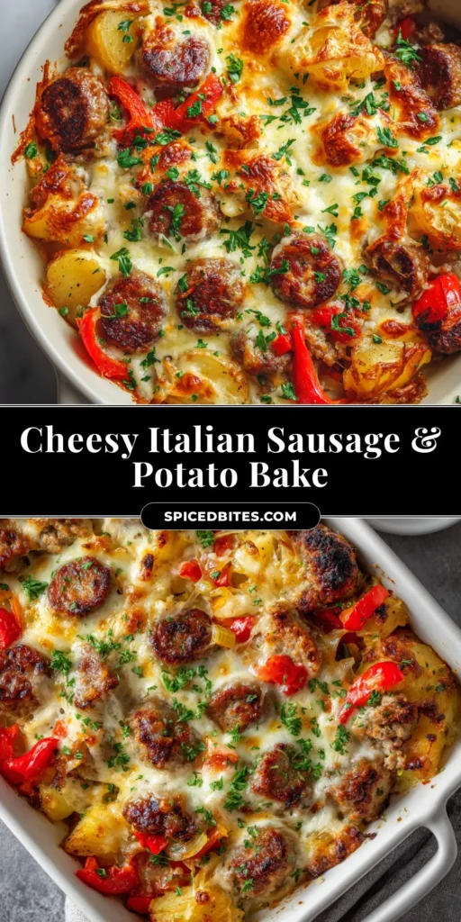 Sausage and Potato Casserole (Easy & Cheesy Recipe) 4 An overhead shot of a golden-brown, cheesy sausage and potato casserole in a white baking dish, ready to be served. A slice is lifted out, showing the layers of sausage, potatoes, and melted cheese.