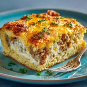 Breakfast Casserole (Easy & Crowd-Pleasing) 3 A square slice of savory sausage breakfast casserole served on a white plate. The layers of egg, cheese, and bread are clearly visible.