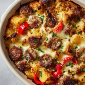 Sausage and Potato Casserole (Easy & Cheesy Recipe) 3 A close-up overhead view of the sausage and potato casserole before baking, showing layers of cubed potatoes, sliced sausage, and diced vegetables in a baking dish.